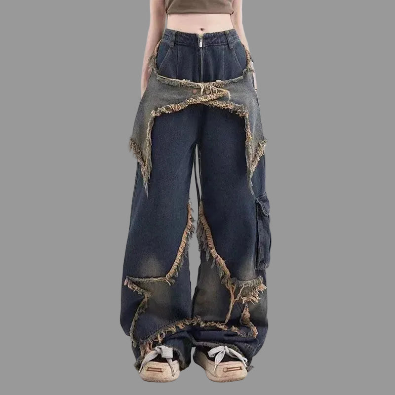 Baggy Jeans for Women Autumn/winter European and American Vintage Design Empty Star Appliqué and Faded Straight-leg Trousers
