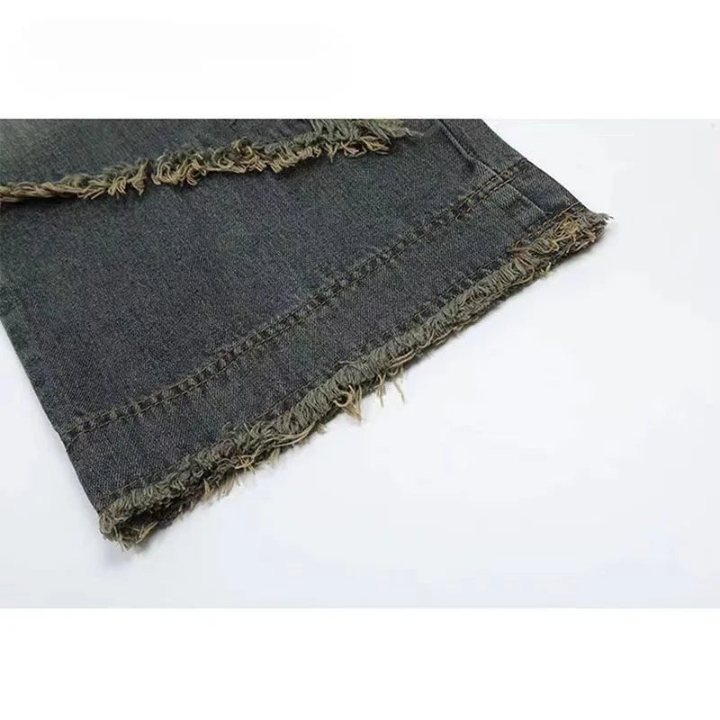 Baggy Jeans for Women Autumn/winter European and American Vintage Design Empty Star Appliqué and Faded Straight-leg Trousers