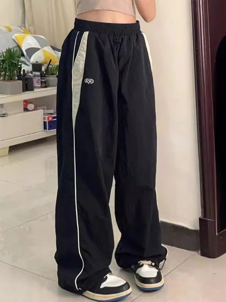 Women Baggy Cargo Pants Color Block Side Stripe Wide Leg Long Pants Parachute Sweatpants Techwear Joggers Oversized Y2K Trousers
