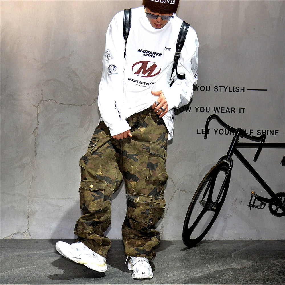 High Quality Vintage Multi-Pocket Camo Cargo Pants Mens Clothing High-End Fabric Tactical Baggy Pants Thick Casual Work Trousers