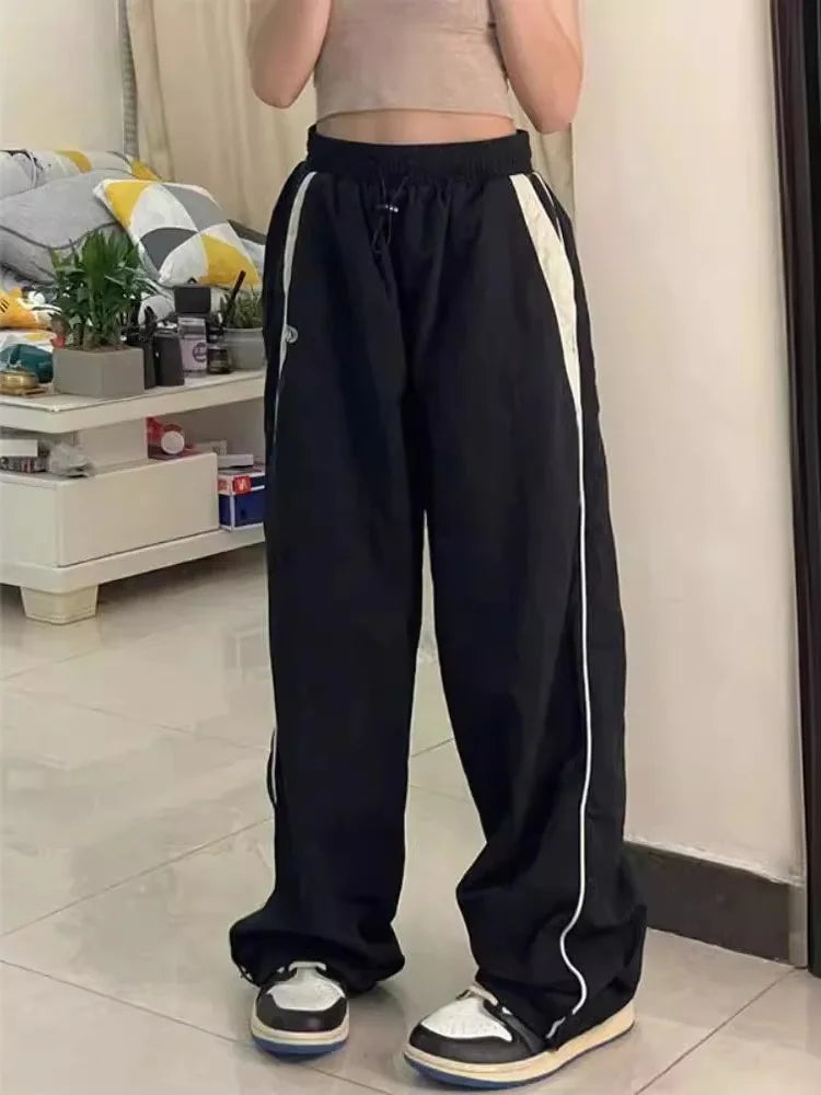 Women Baggy Cargo Pants Color Block Side Stripe Wide Leg Long Pants Parachute Sweatpants Techwear Joggers Oversized Y2K Trousers