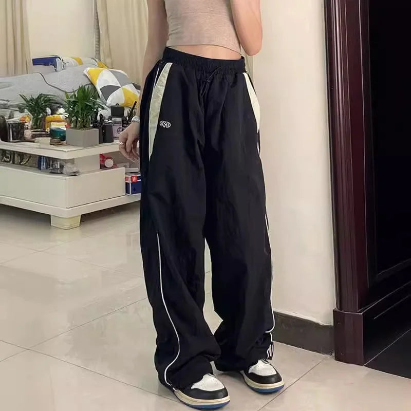 Women Baggy Cargo Pants Color Block Side Stripe Wide Leg Long Pants Parachute Sweatpants Techwear Joggers Oversized Y2K Trousers