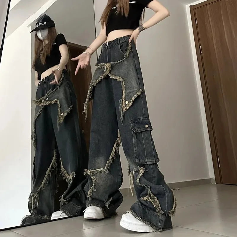 Baggy Jeans for Women Autumn/winter European and American Vintage Design Empty Star Appliqué and Faded Straight-leg Trousers