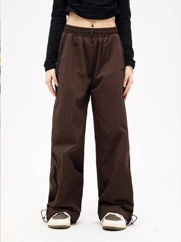 Women Baggy Cargo Pants Color Block Side Stripe Wide Leg Long Pants Parachute Sweatpants Techwear Joggers Oversized Y2K Trousers