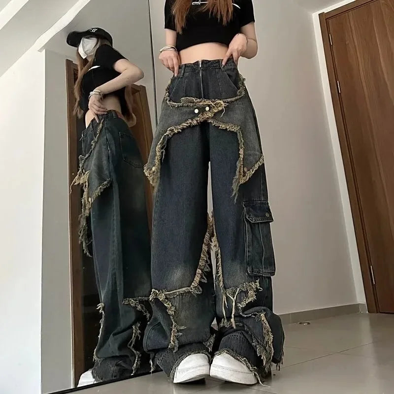 Baggy Jeans for Women Autumn/winter European and American Vintage Design Empty Star Appliqué and Faded Straight-leg Trousers
