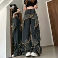 Baggy Jeans for Women Autumn/winter European and American Vintage Design Empty Star Appliqué and Faded Straight-leg Trousers