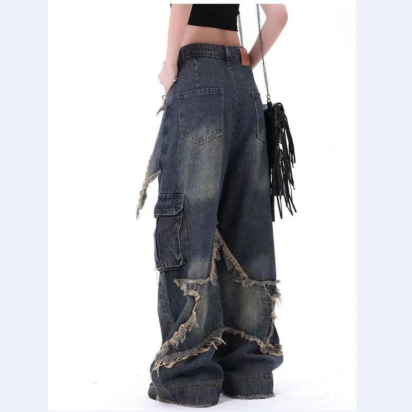 Baggy Jeans for Women Autumn/winter European and American Vintage Design Empty Star Appliqué and Faded Straight-leg Trousers