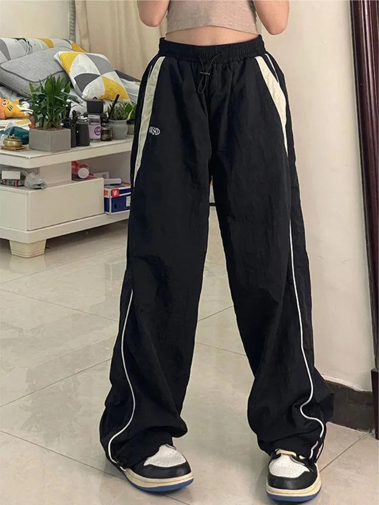 Women Baggy Cargo Pants Color Block Side Stripe Wide Leg Long Pants Parachute Sweatpants Techwear Joggers Oversized Y2K Trousers