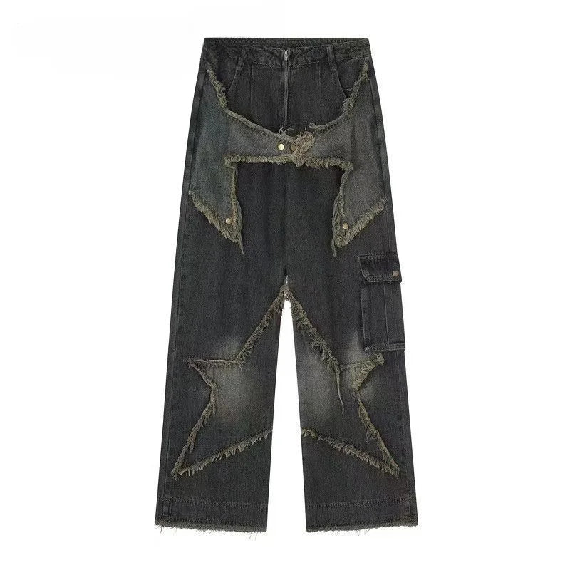Baggy Jeans for Women Autumn/winter European and American Vintage Design Empty Star Appliqué and Faded Straight-leg Trousers